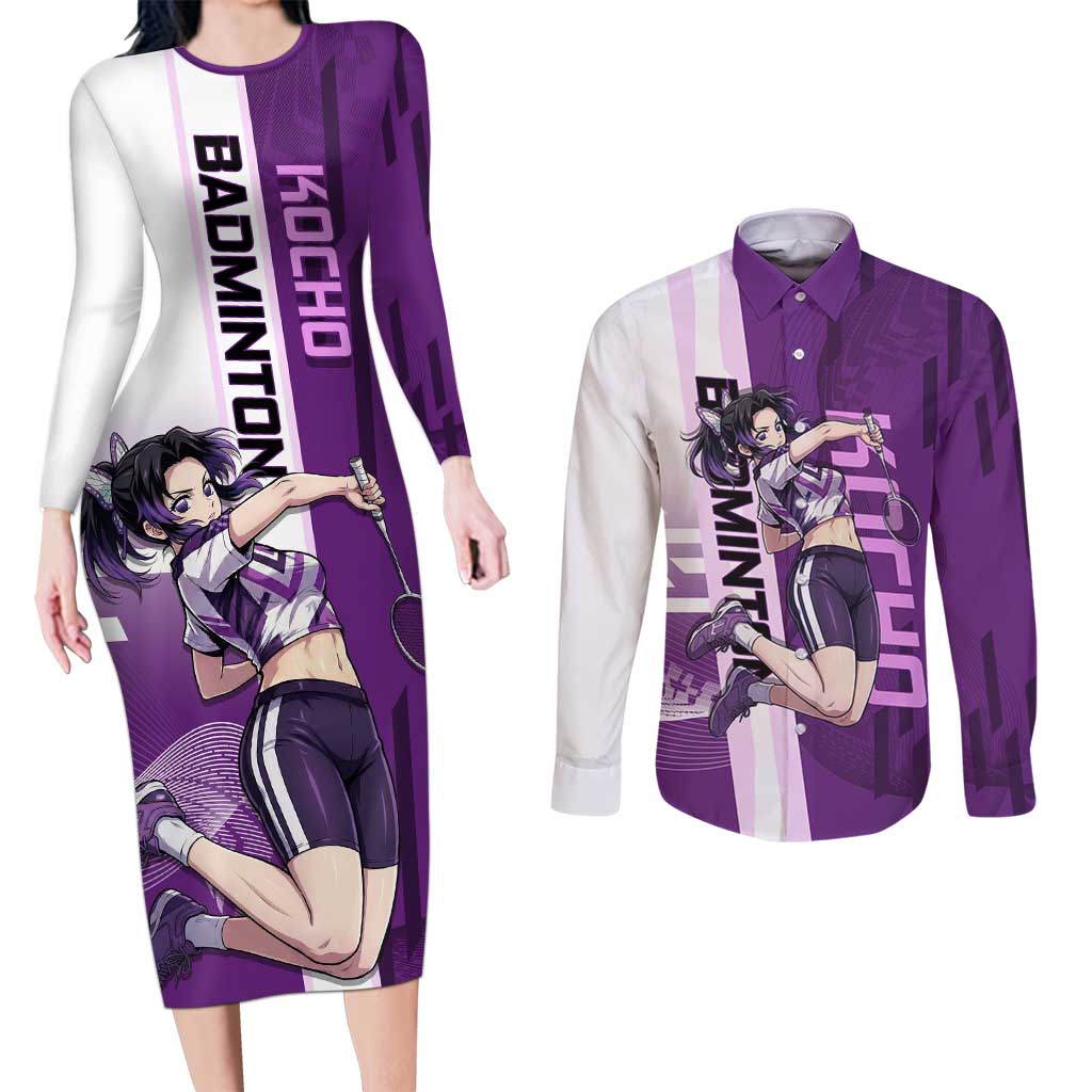 Personalized Shinobu Kocho Badminton Couples Matching Long Sleeve Bodycon Dress and Long Sleeve Button Shirt with Jump Smash Pose - The Mazicc