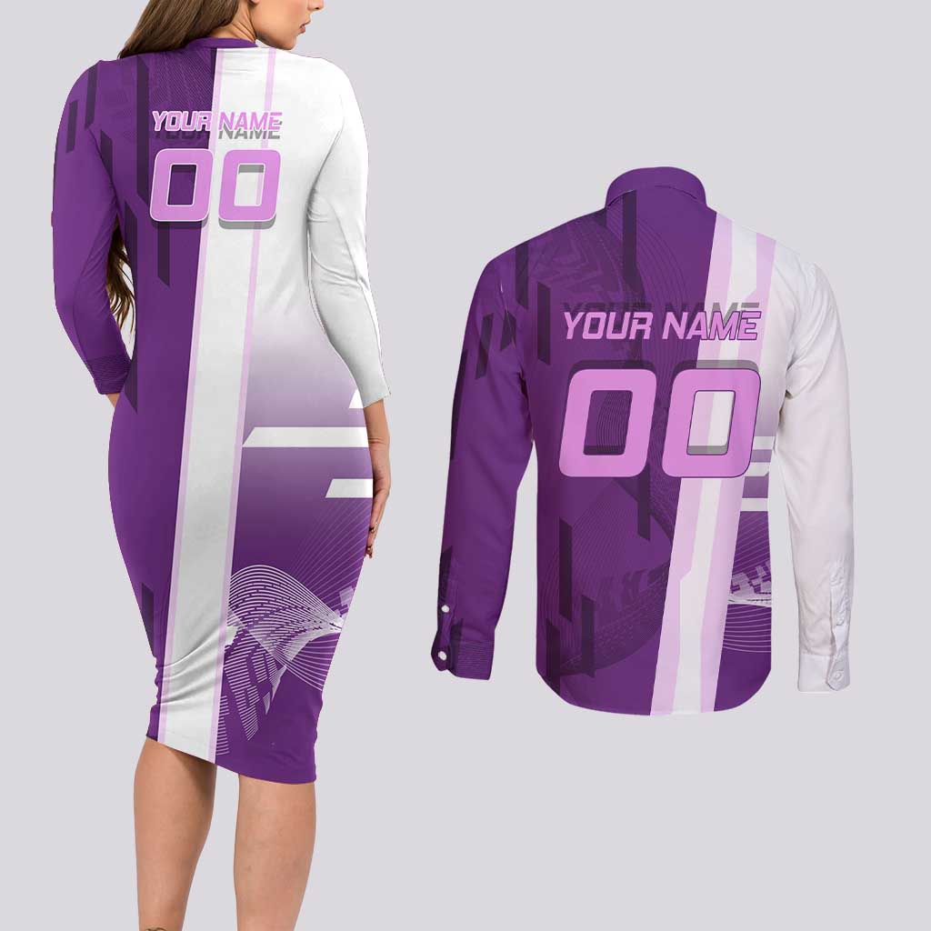Personalized Shinobu Kocho Badminton Couples Matching Long Sleeve Bodycon Dress and Long Sleeve Button Shirt with Jump Smash Pose - The Mazicc