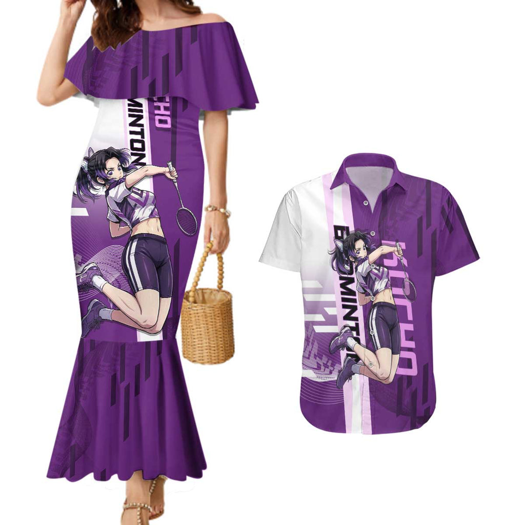 Personalized Shinobu Kocho Badminton Couples Matching Mermaid Dress and Hawaiian Shirt with Jump Smash Pose - The Mazicc