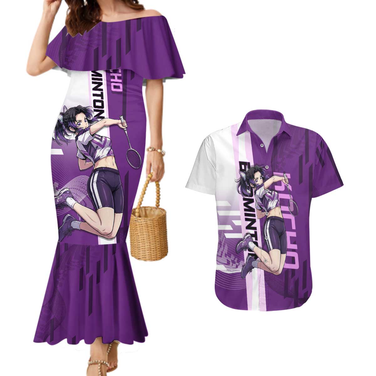 Personalized Shinobu Kocho Badminton Couples Matching Mermaid Dress and Hawaiian Shirt with Jump Smash Pose - The Mazicc