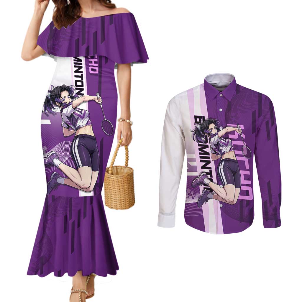 Personalized Shinobu Kocho Badminton Couples Matching Mermaid Dress and Long Sleeve Button Shirt with Jump Smash Pose - The Mazicc