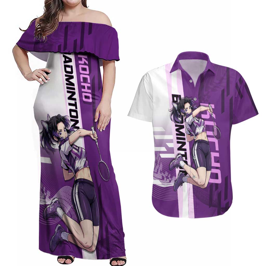 Personalized Shinobu Kocho Badminton Couples Matching Off Shoulder Maxi Dress and Hawaiian Shirt with Jump Smash Pose - The Mazicc