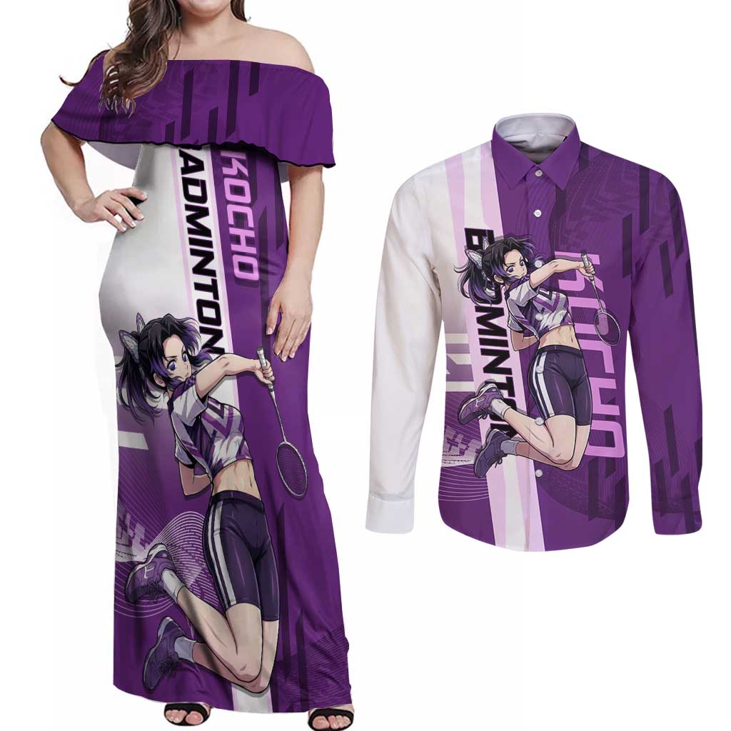 Personalized Shinobu Kocho Badminton Couples Matching Off Shoulder Maxi Dress and Long Sleeve Button Shirt with Jump Smash Pose - The Mazicc