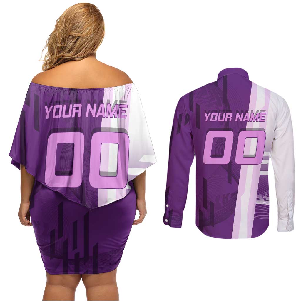 Personalized Shinobu Kocho Badminton Couples Matching Off Shoulder Short Dress and Long Sleeve Button Shirt with Jump Smash Pose - The Mazicc