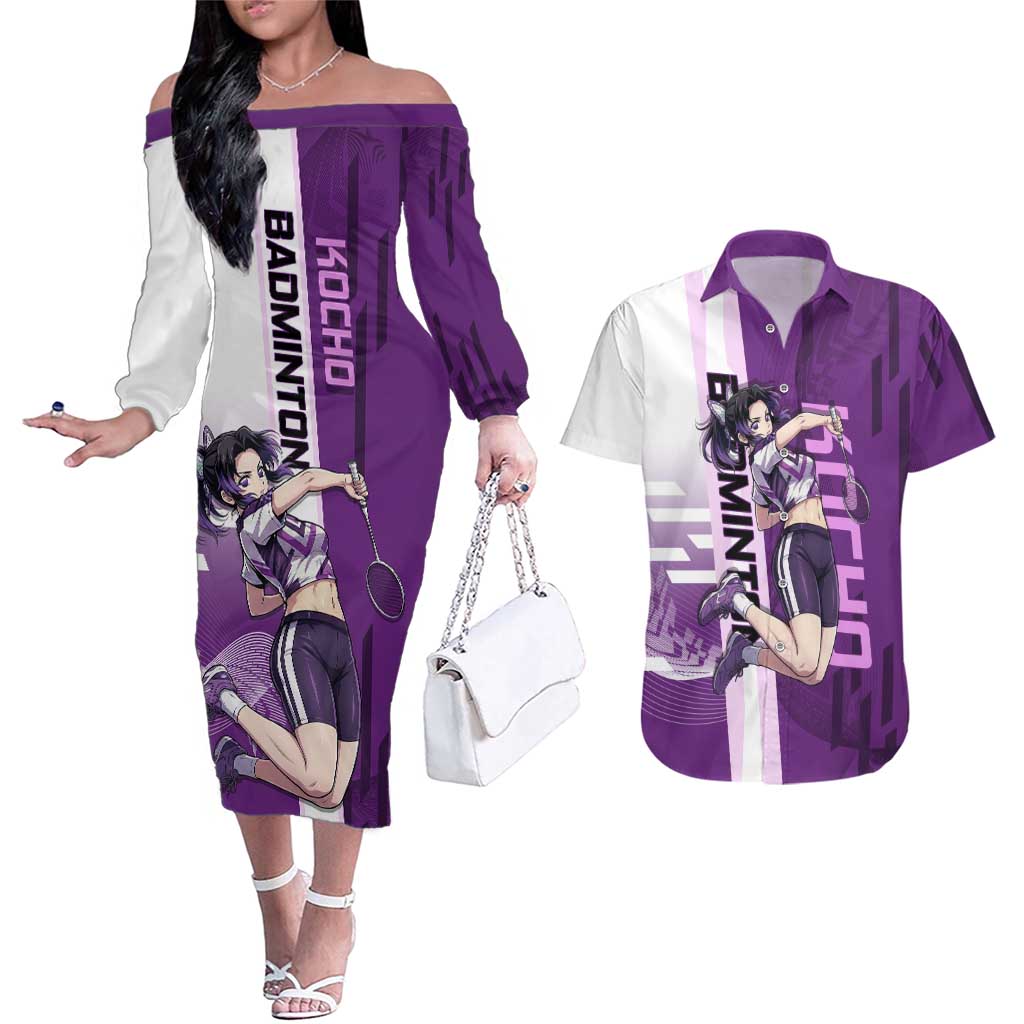 Personalized Shinobu Kocho Badminton Couples Matching Off The Shoulder Long Sleeve Dress and Hawaiian Shirt with Jump Smash Pose - The Mazicc