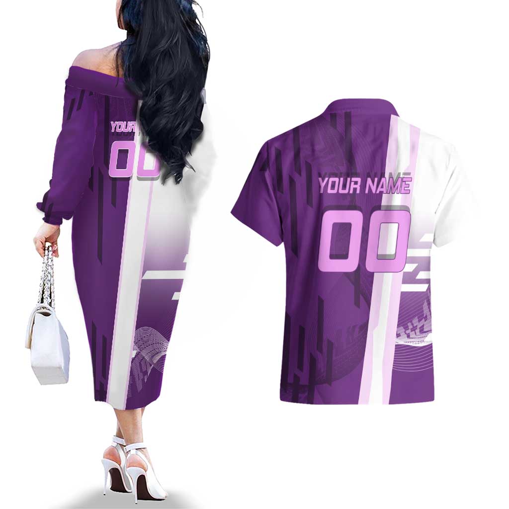 Personalized Shinobu Kocho Badminton Couples Matching Off The Shoulder Long Sleeve Dress and Hawaiian Shirt with Jump Smash Pose - The Mazicc