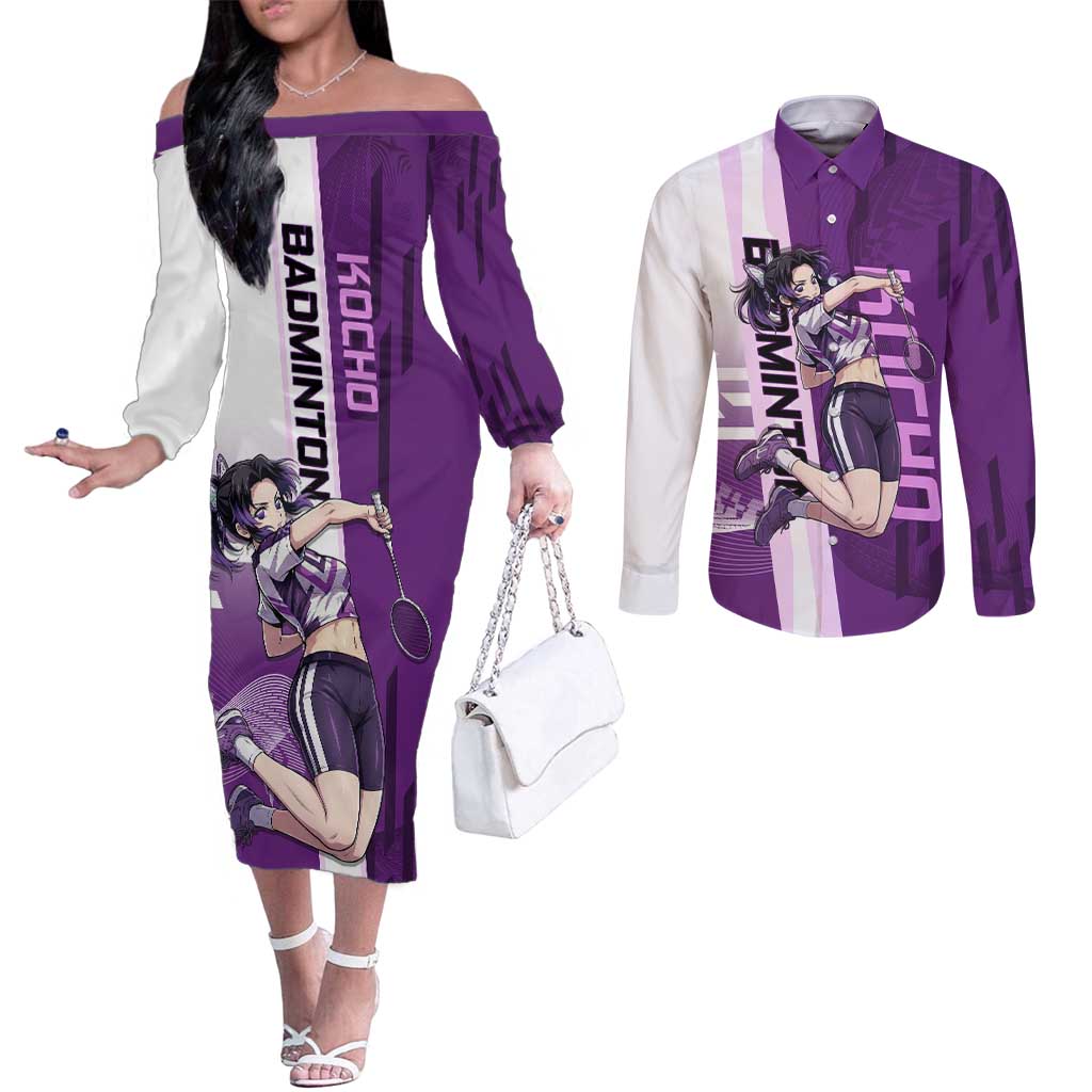 Personalized Shinobu Kocho Badminton Couples Matching Off The Shoulder Long Sleeve Dress and Long Sleeve Button Shirt with Jump Smash Pose - The Mazicc