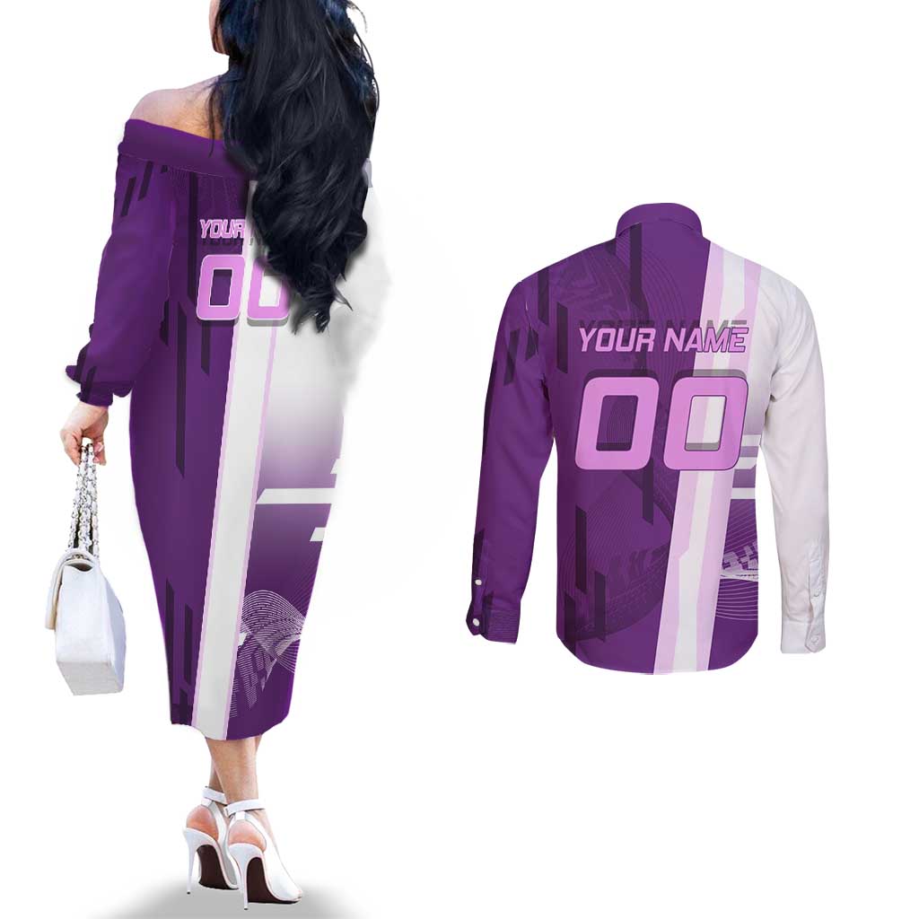 Personalized Shinobu Kocho Badminton Couples Matching Off The Shoulder Long Sleeve Dress and Long Sleeve Button Shirt with Jump Smash Pose - The Mazicc