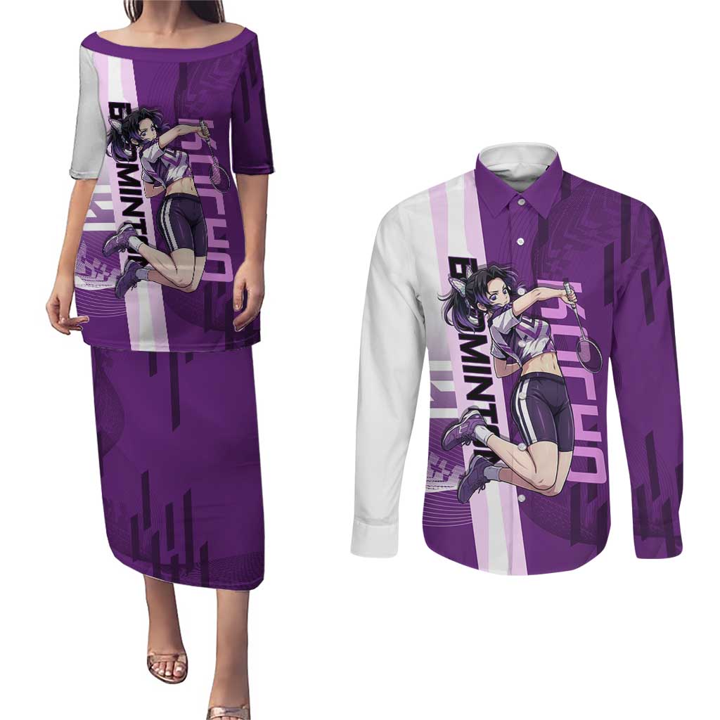 Personalized Shinobu Kocho Badminton Couples Matching Puletasi and Long Sleeve Button Shirt with Jump Smash Pose - The Mazicc