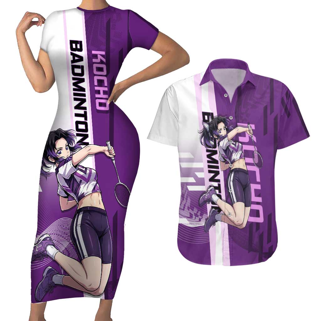 Personalized Shinobu Kocho Badminton Couples Matching Short Sleeve Bodycon Dress and Hawaiian Shirt with Jump Smash Pose - The Mazicc