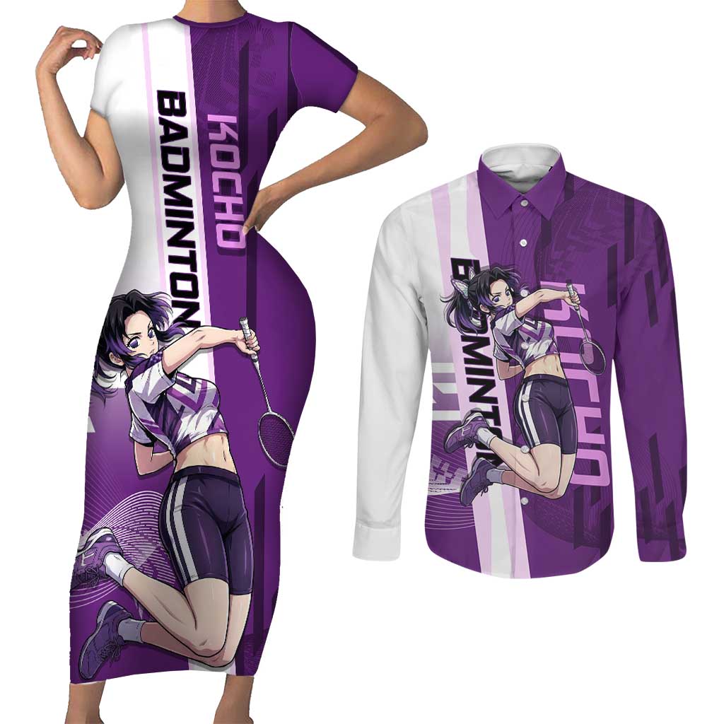 Personalized Shinobu Kocho Badminton Couples Matching Short Sleeve Bodycon Dress and Long Sleeve Button Shirt with Jump Smash Pose - The Mazicc
