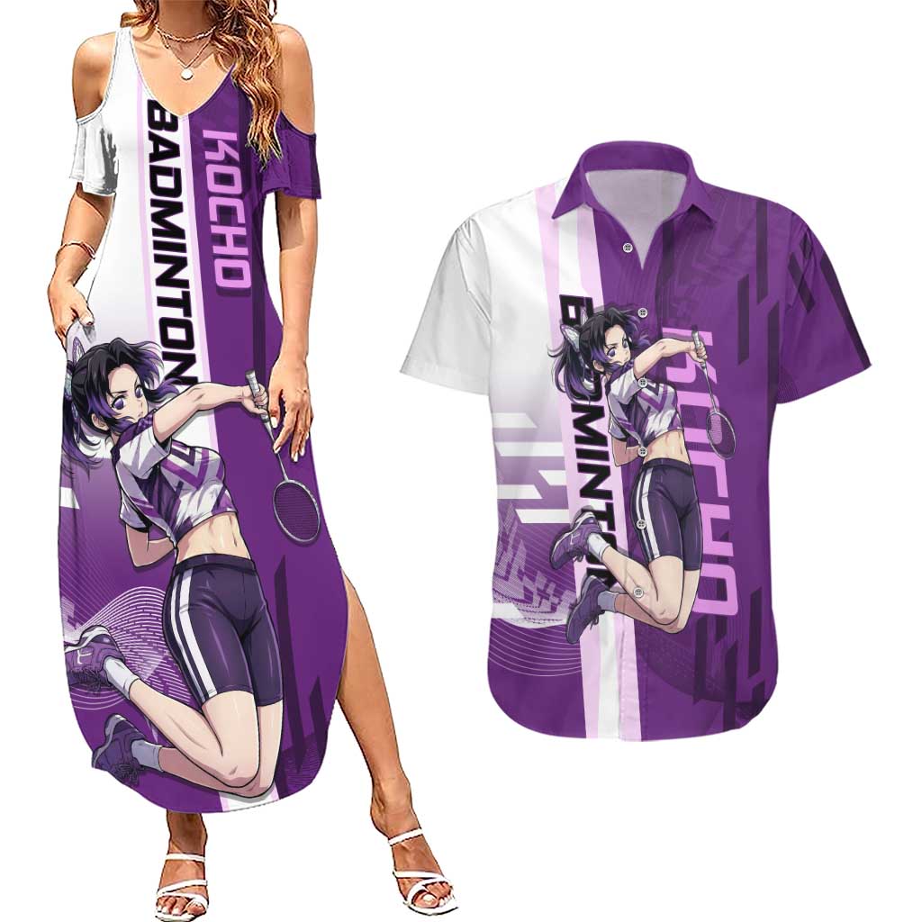 Personalized Shinobu Kocho Badminton Couples Matching Summer Maxi Dress and Hawaiian Shirt with Jump Smash Pose - The Mazicc