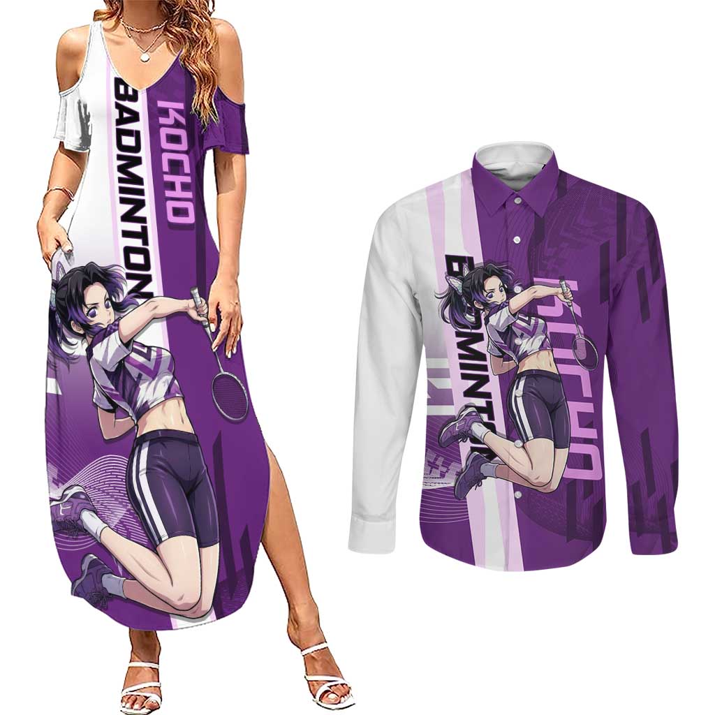 Personalized Shinobu Kocho Badminton Couples Matching Summer Maxi Dress and Long Sleeve Button Shirt with Jump Smash Pose - The Mazicc