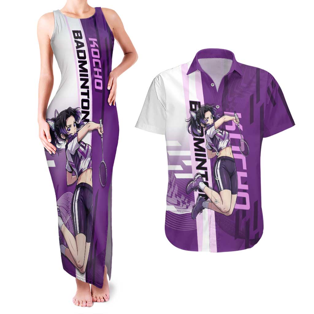 Personalized Shinobu Kocho Badminton Couples Matching Tank Maxi Dress and Hawaiian Shirt with Jump Smash Pose - The Mazicc