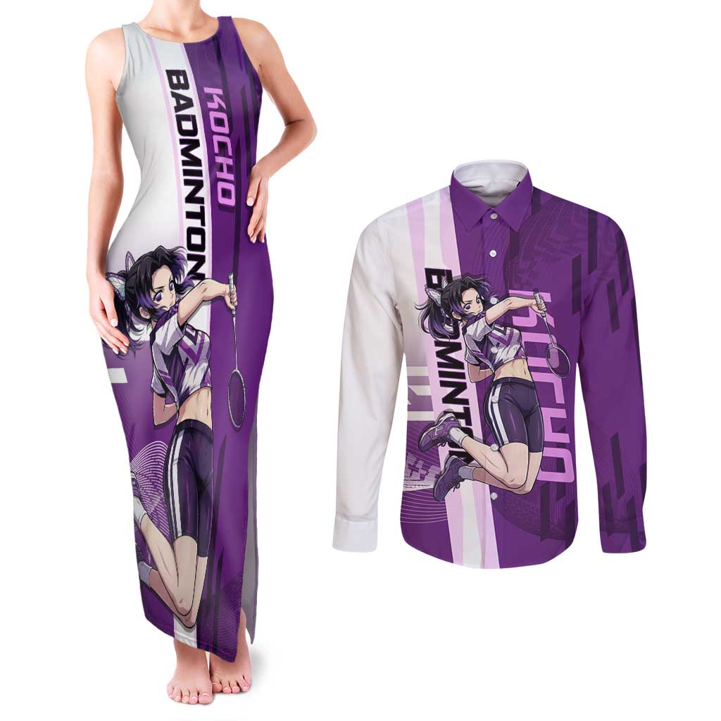 Personalized Shinobu Kocho Badminton Couples Matching Tank Maxi Dress and Long Sleeve Button Shirt with Jump Smash Pose - The Mazicc
