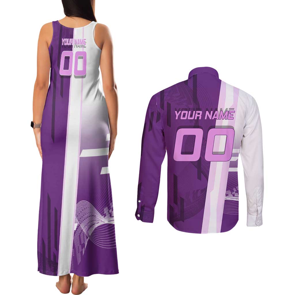 Personalized Shinobu Kocho Badminton Couples Matching Tank Maxi Dress and Long Sleeve Button Shirt with Jump Smash Pose - The Mazicc