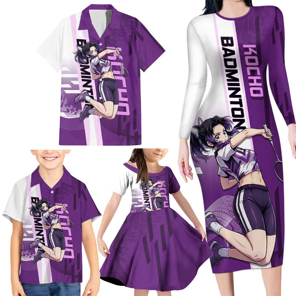 Personalized Shinobu Kocho Badminton Family Matching Long Sleeve Bodycon Dress and Hawaiian Shirt with Jump Smash Pose