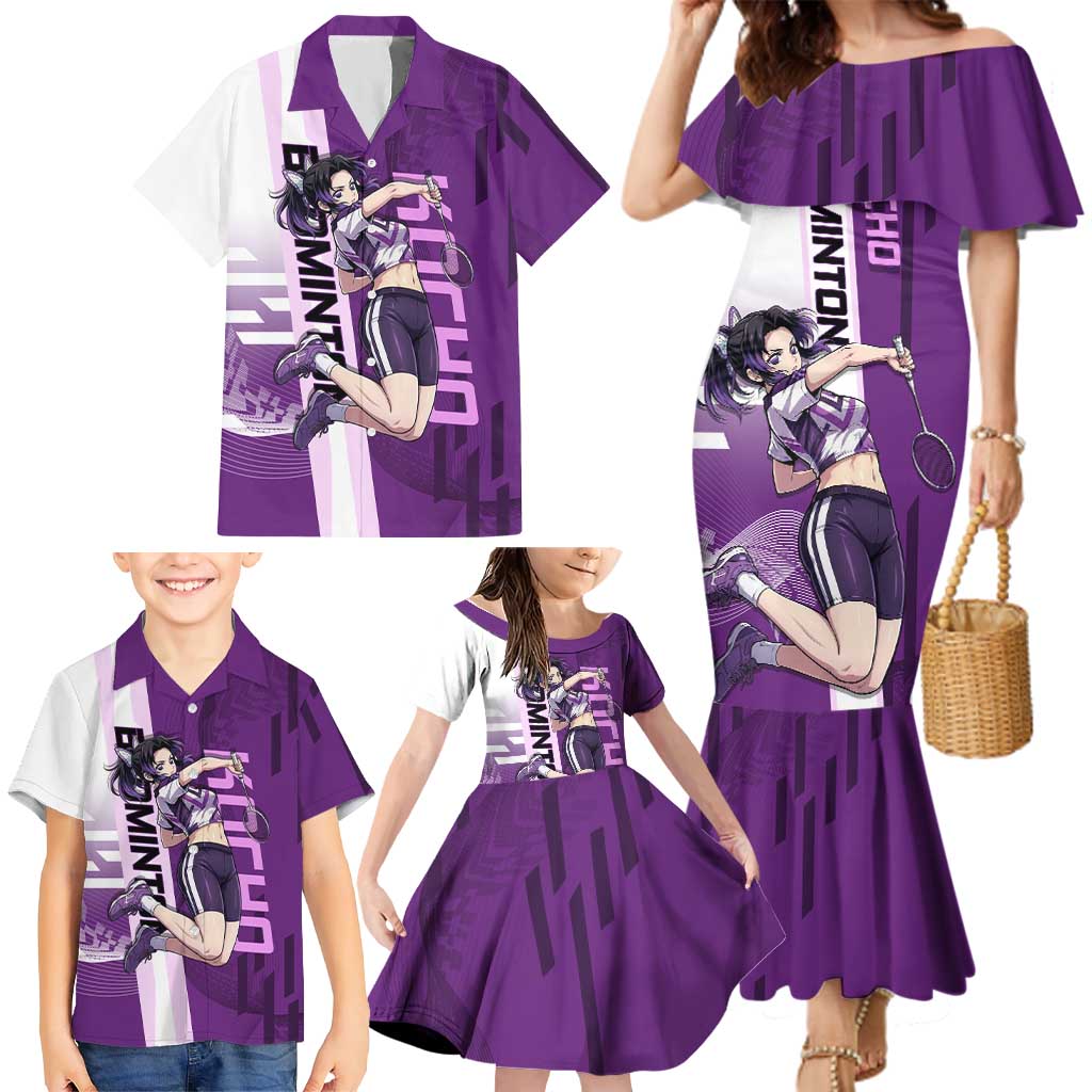 Personalized Shinobu Kocho Badminton Family Matching Mermaid Dress and Hawaiian Shirt with Jump Smash Pose