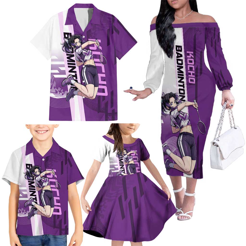 Personalized Shinobu Kocho Badminton Family Matching Off The Shoulder Long Sleeve Dress and Hawaiian Shirt with Jump Smash Pose