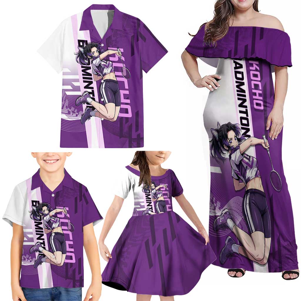 Personalized Shinobu Kocho Badminton Family Matching Off Shoulder Maxi Dress and Hawaiian Shirt with Jump Smash Pose