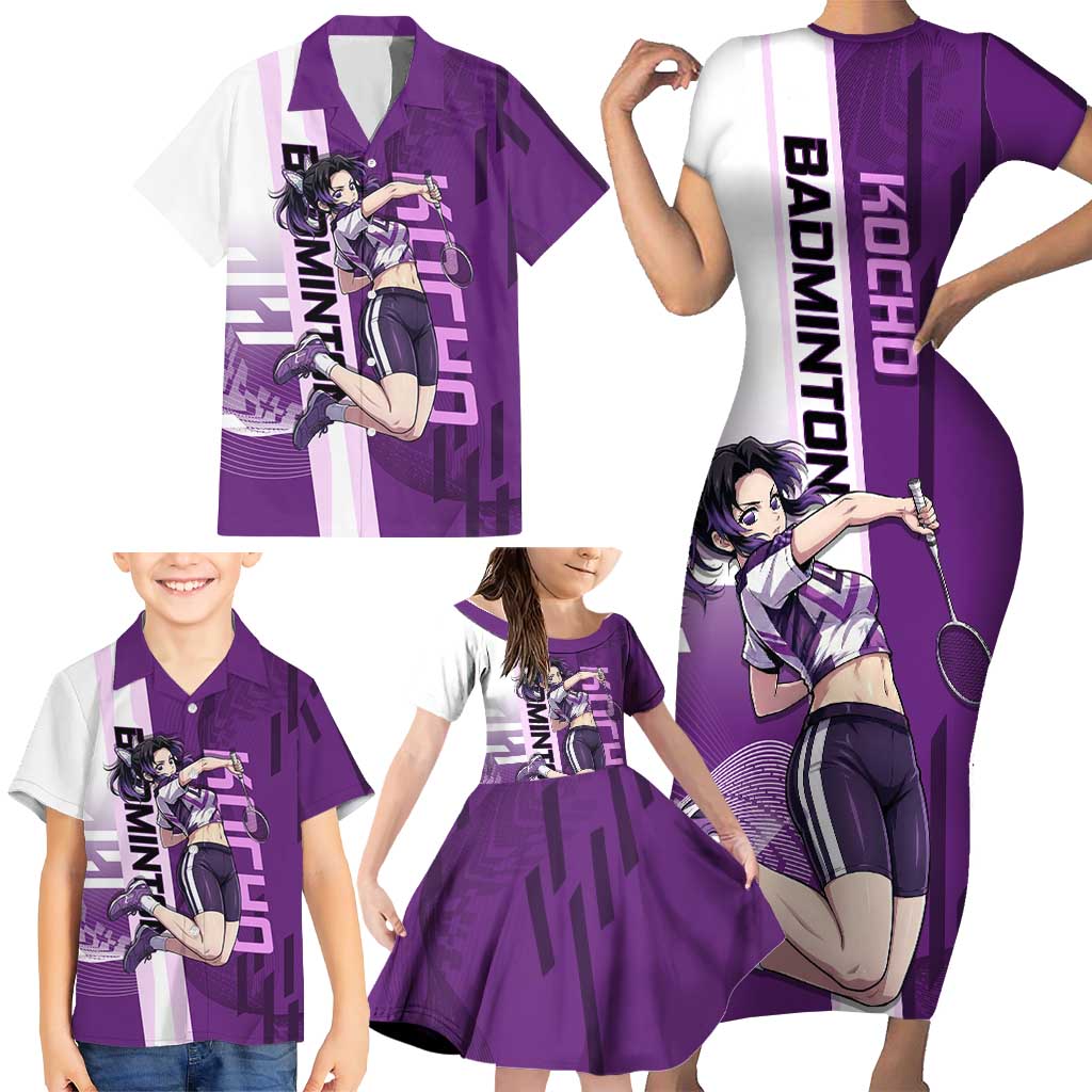 Personalized Shinobu Kocho Badminton Family Matching Short Sleeve Bodycon Dress and Hawaiian Shirt with Jump Smash Pose