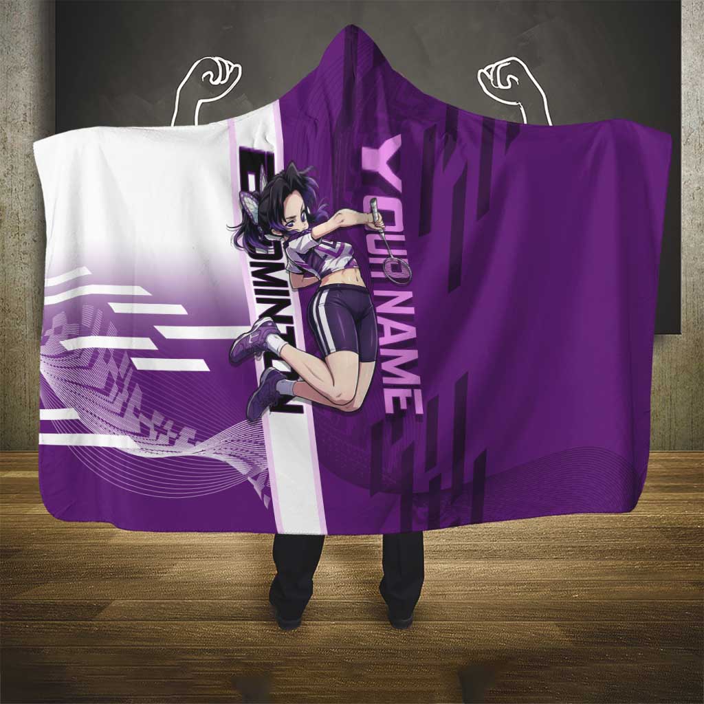 Personalized Shinobu Kocho Badminton Hooded Blanket with Jump Smash Pose - The Mazicc