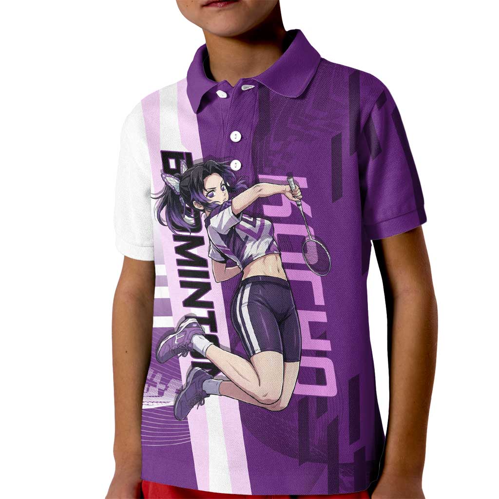 Personalized Shinobu Kocho Badminton Kid Polo Shirt with Jump Smash Pose - The Mazicc