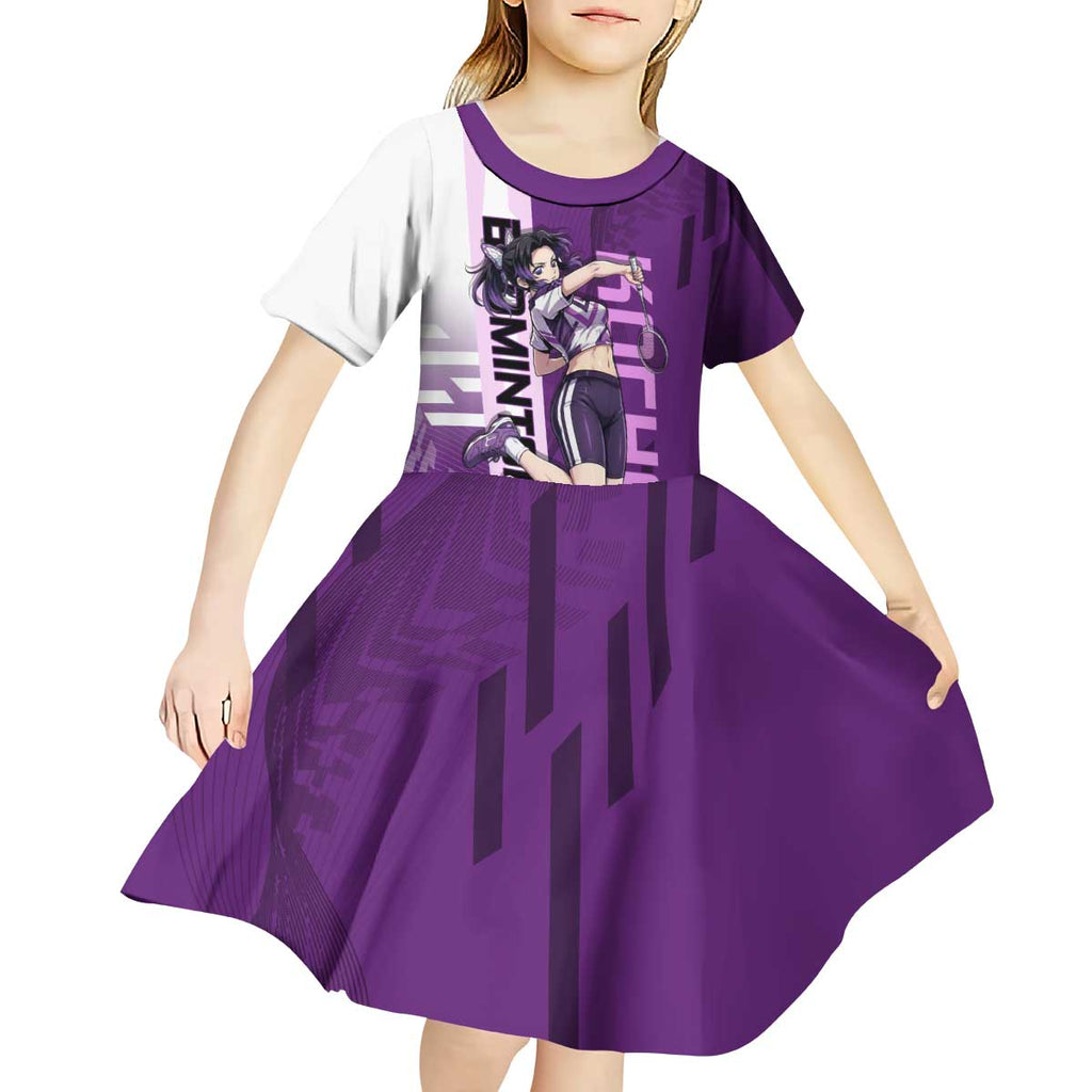 Personalized Shinobu Kocho Badminton Kid Short Sleeve Dress with Jump Smash Pose - The Mazicc