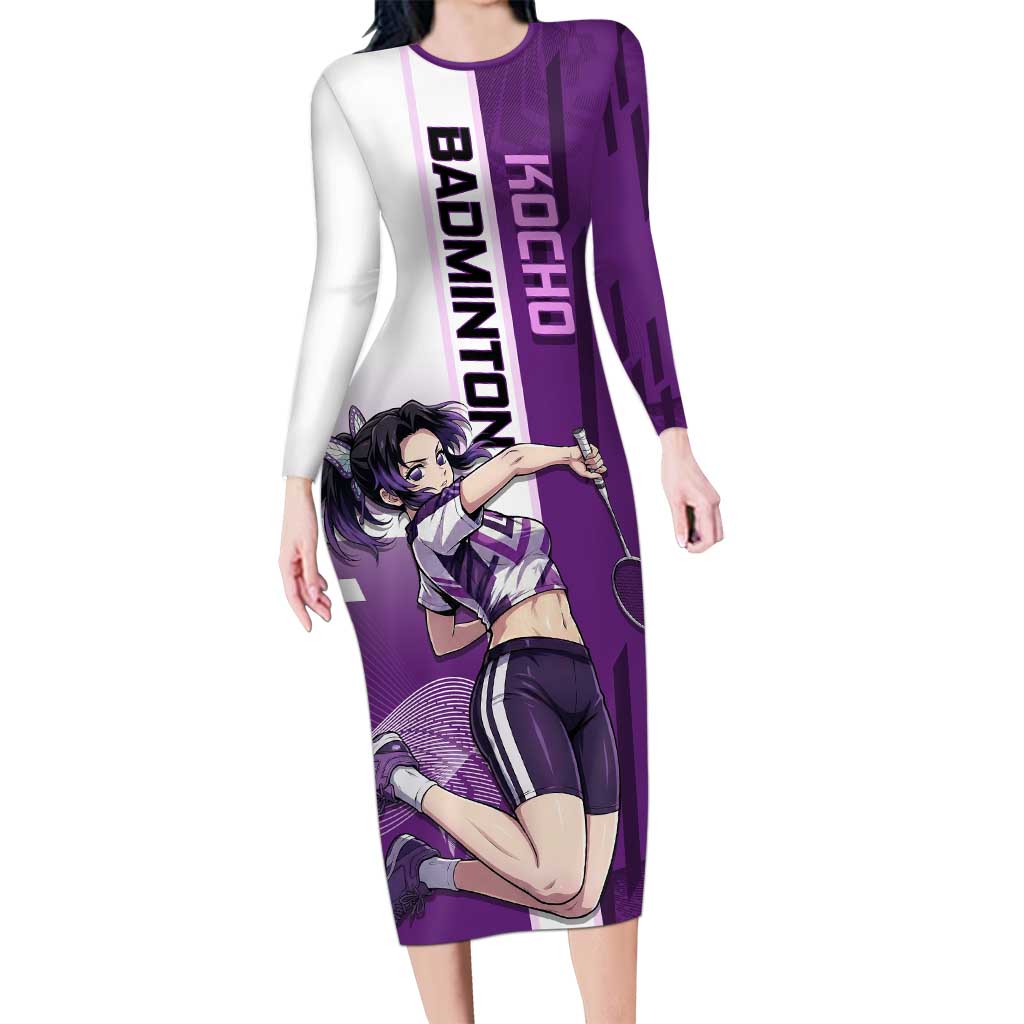 Personalized Shinobu Kocho Badminton Long Sleeve Bodycon Dress with Jump Smash Pose - The Mazicc