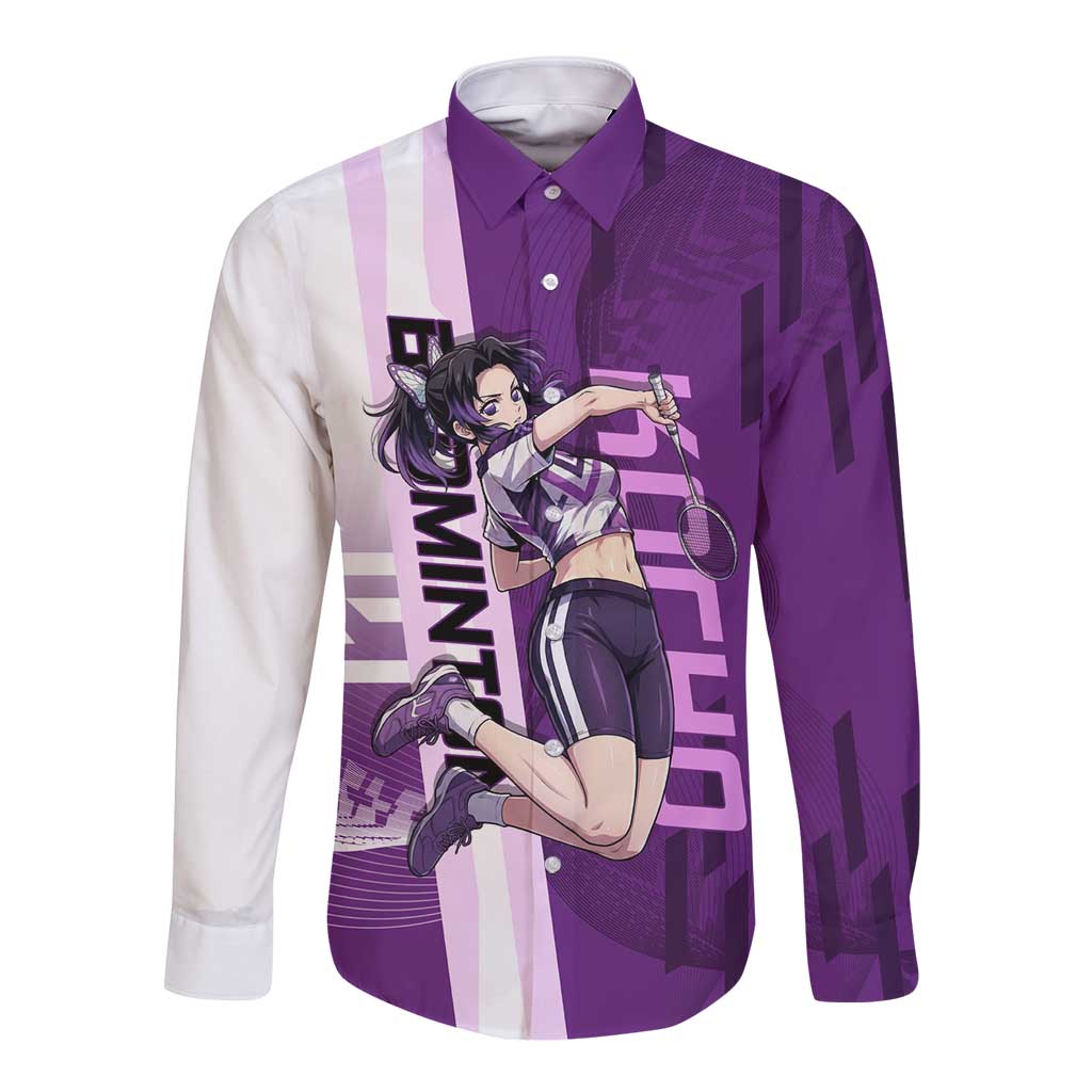 Personalized Shinobu Kocho Badminton Long Sleeve Button Shirt with Jump Smash Pose - The Mazicc