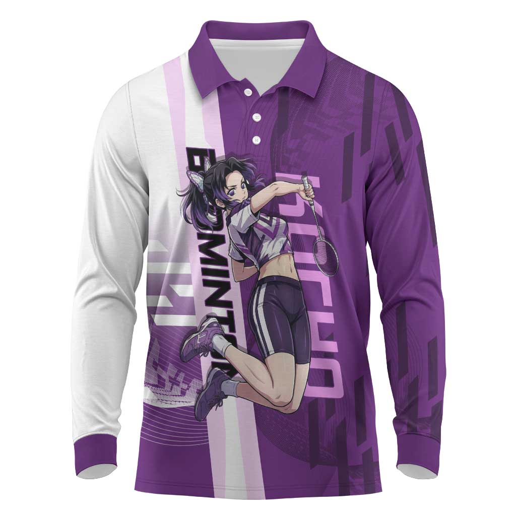 Personalized Shinobu Kocho Badminton Long Sleeve Polo Shirt with Jump Smash Pose - The Mazicc