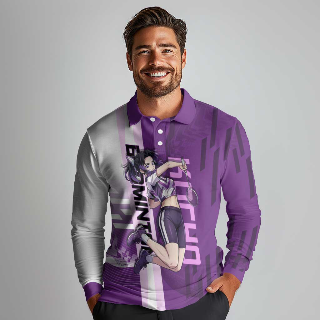 Personalized Shinobu Kocho Badminton Long Sleeve Polo Shirt with Jump Smash Pose - The Mazicc