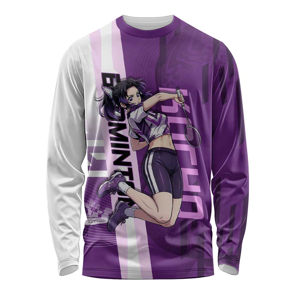 Personalized Shinobu Kocho Badminton Long Sleeve Shirt with Jump Smash Pose - The Mazicc
