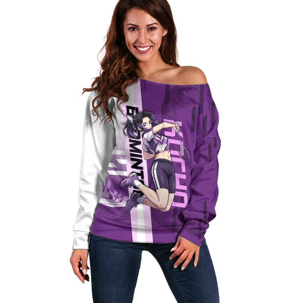 Personalized Shinobu Kocho Badminton Off Shoulder Sweater with Jump Smash Pose - The Mazicc