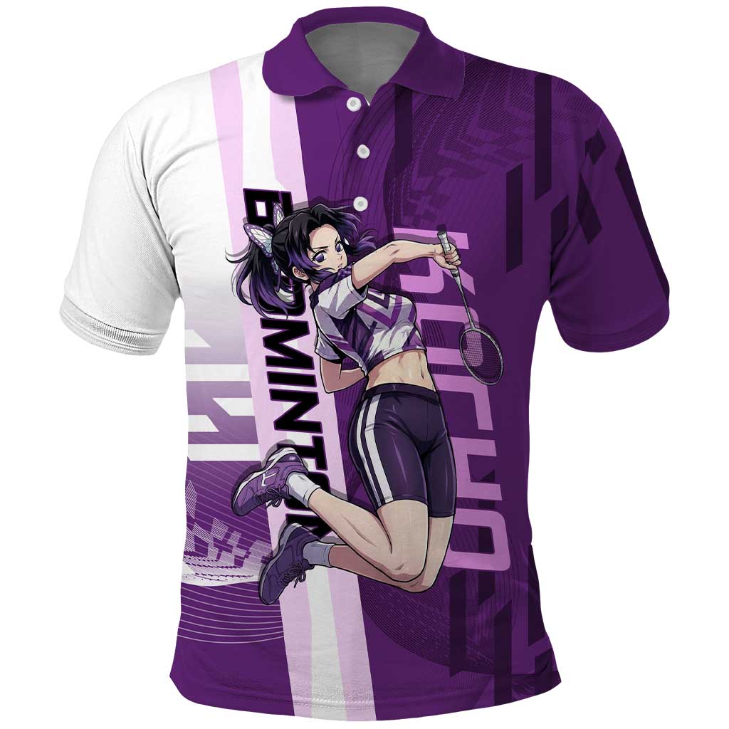 Personalized Shinobu Kocho Badminton Polo Shirt with Jump Smash Pose - The Mazicc