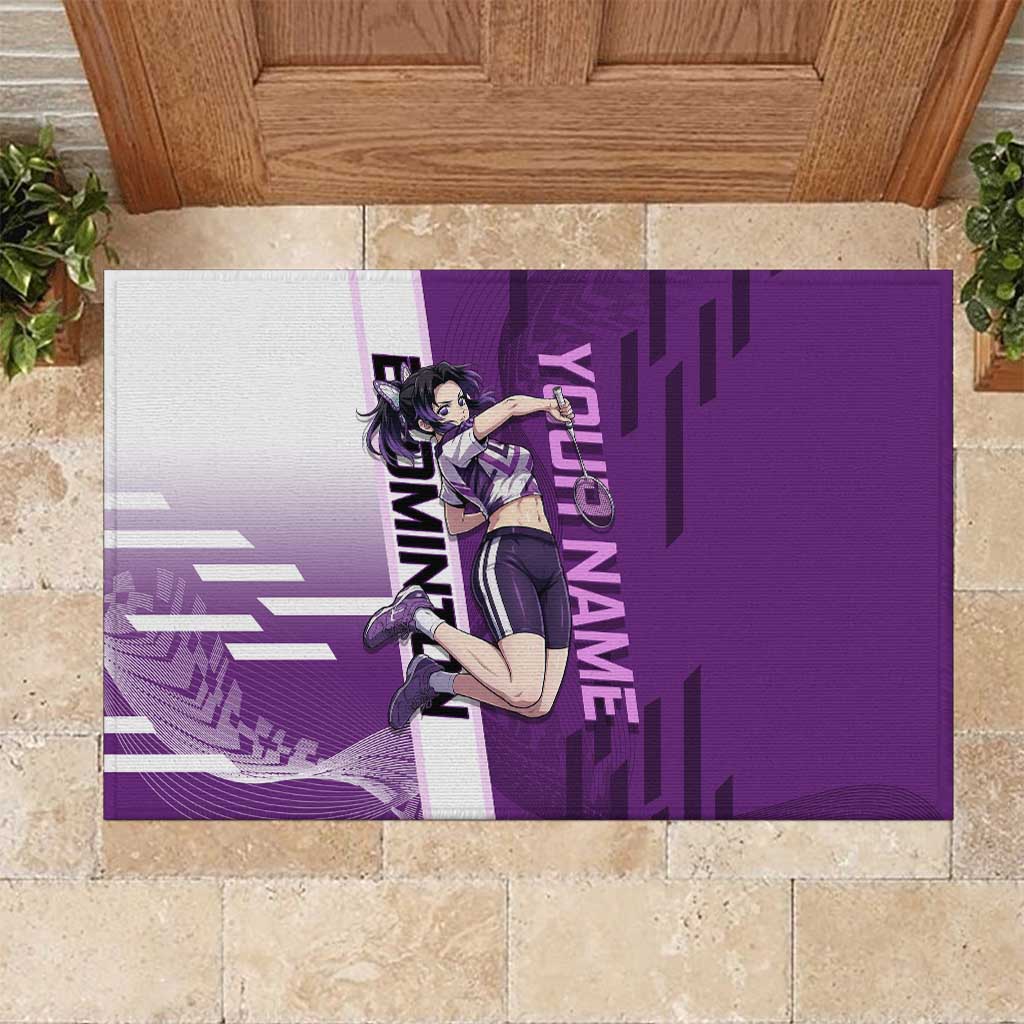 Personalized Shinobu Kocho Badminton Rubber Doormat with Jump Smash Pose - The Mazicc