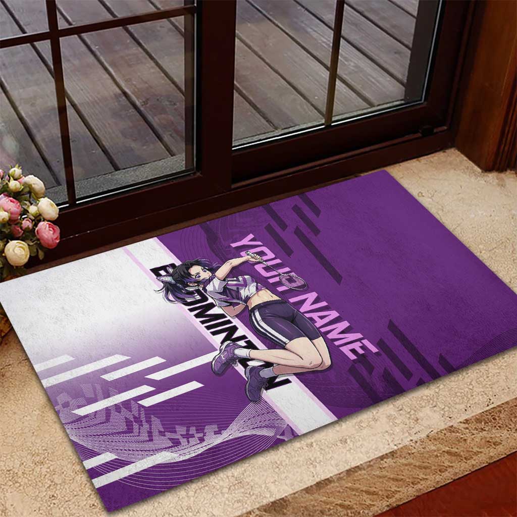 Personalized Shinobu Kocho Badminton Rubber Doormat with Jump Smash Pose - The Mazicc