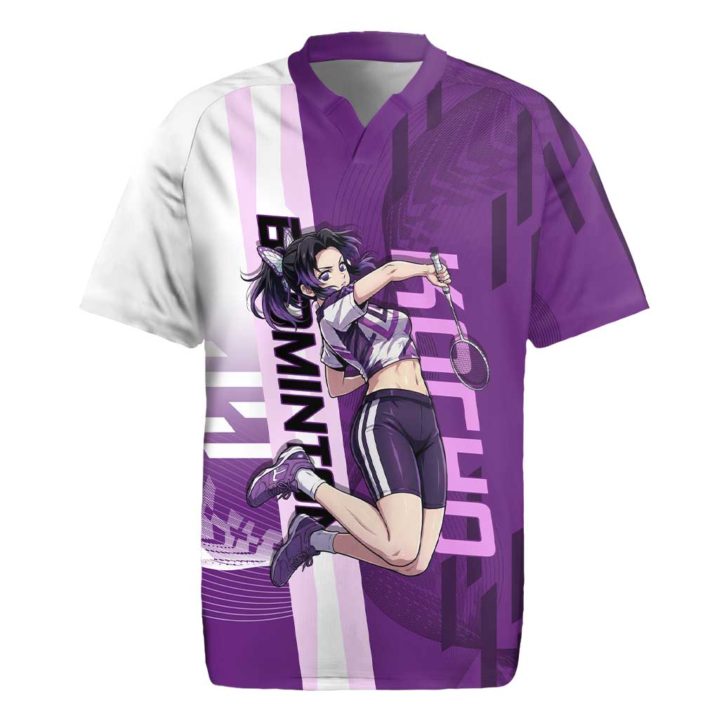 Personalized Shinobu Kocho Badminton Rugby Jersey with Jump Smash Pose - The Mazicc