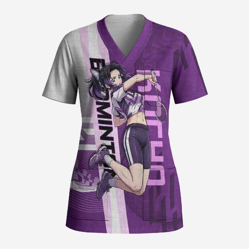 Personalized Shinobu Kocho Badminton Scrub Top with Jump Smash Pose - The Mazicc