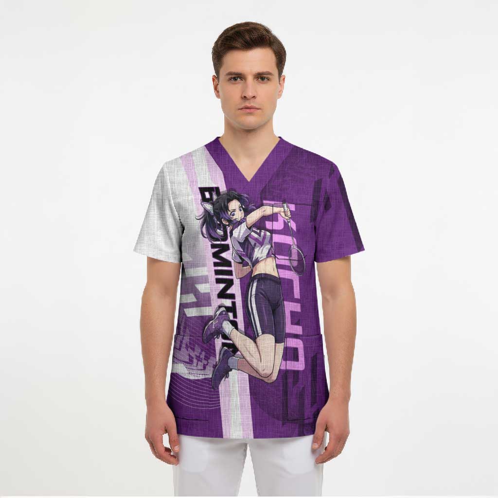 Personalized Shinobu Kocho Badminton Scrub Top with Jump Smash Pose - The Mazicc