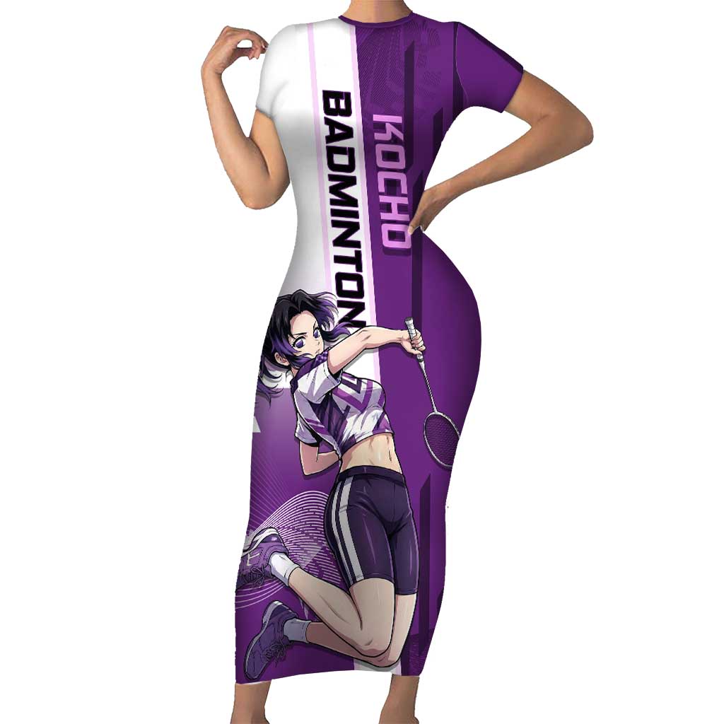 Personalized Shinobu Kocho Badminton Short Sleeve Bodycon Dress with Jump Smash Pose - The Mazicc