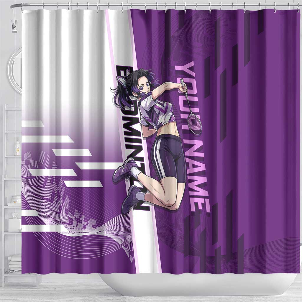 Personalized Shinobu Kocho Badminton Shower Curtain with Jump Smash Pose - The Mazicc