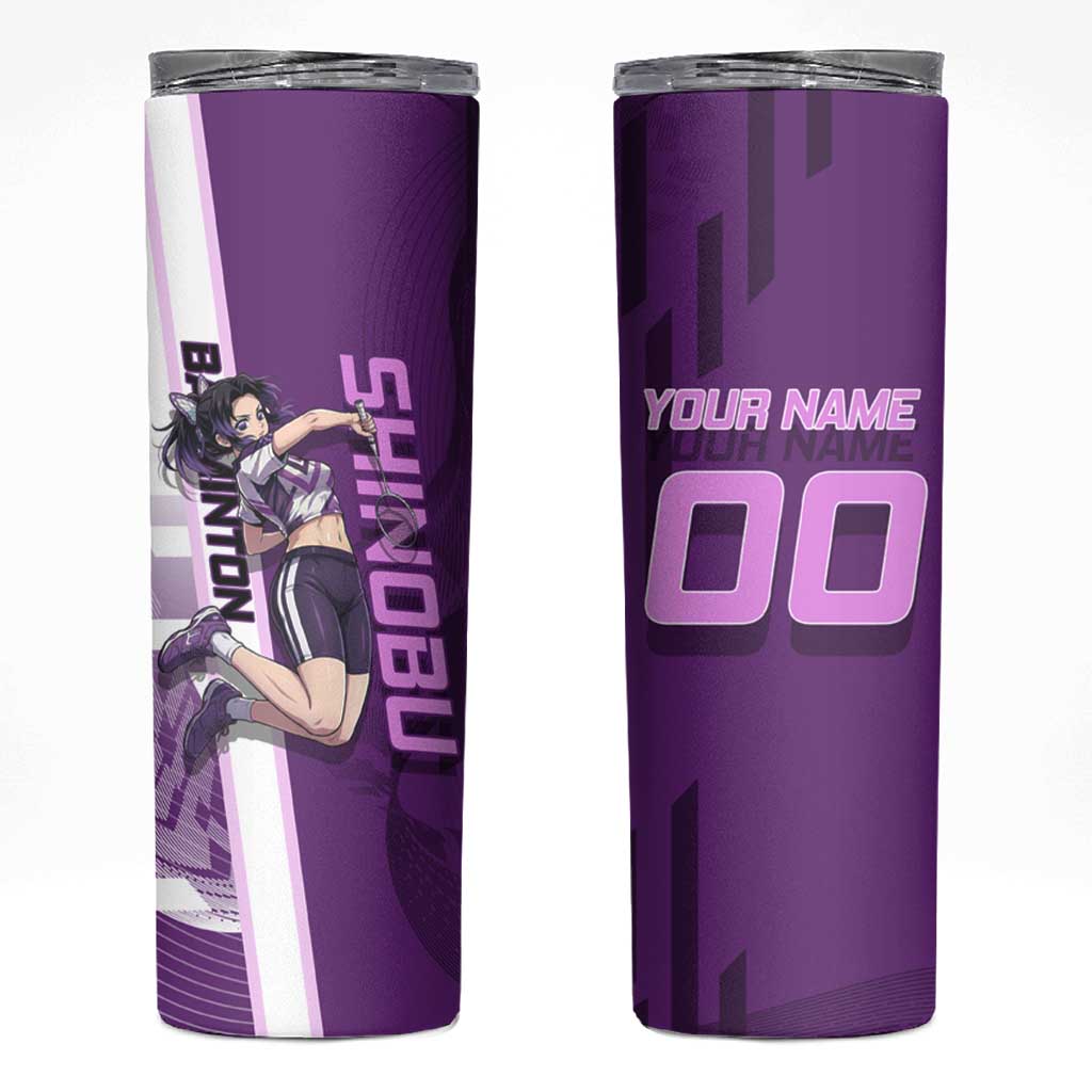 Personalized Shinobu Kocho Badminton Skinny Tumbler with Jump Smash Pose - The Mazicc