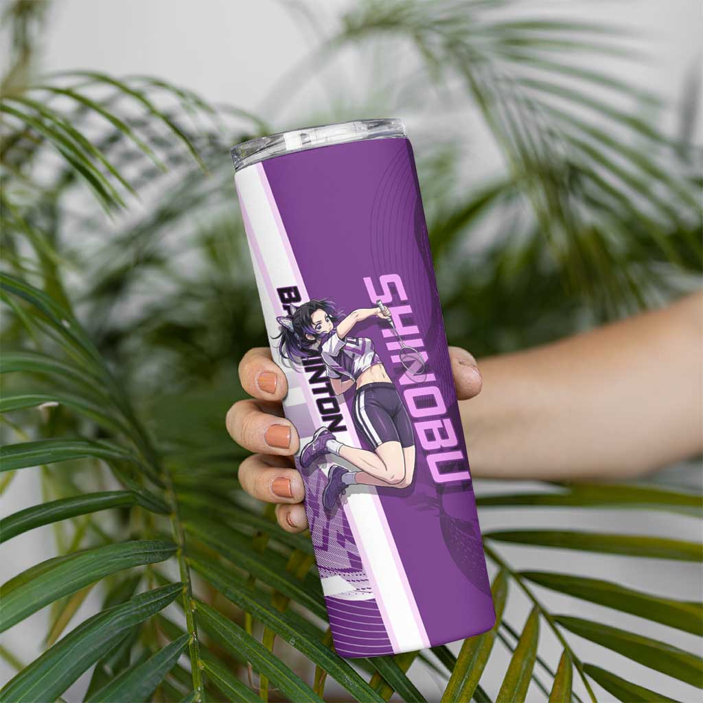 Personalized Shinobu Kocho Badminton Skinny Tumbler with Jump Smash Pose - The Mazicc