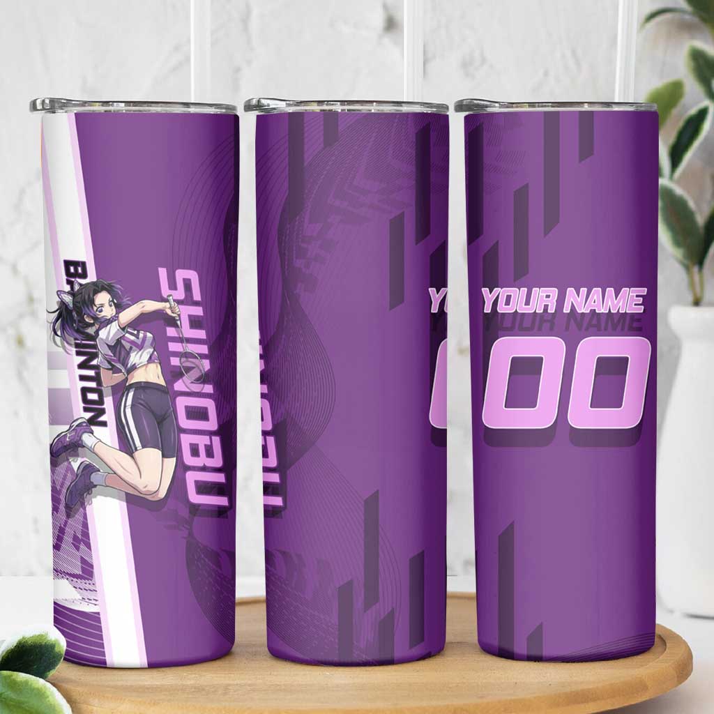 Personalized Shinobu Kocho Badminton Skinny Tumbler with Jump Smash Pose - The Mazicc