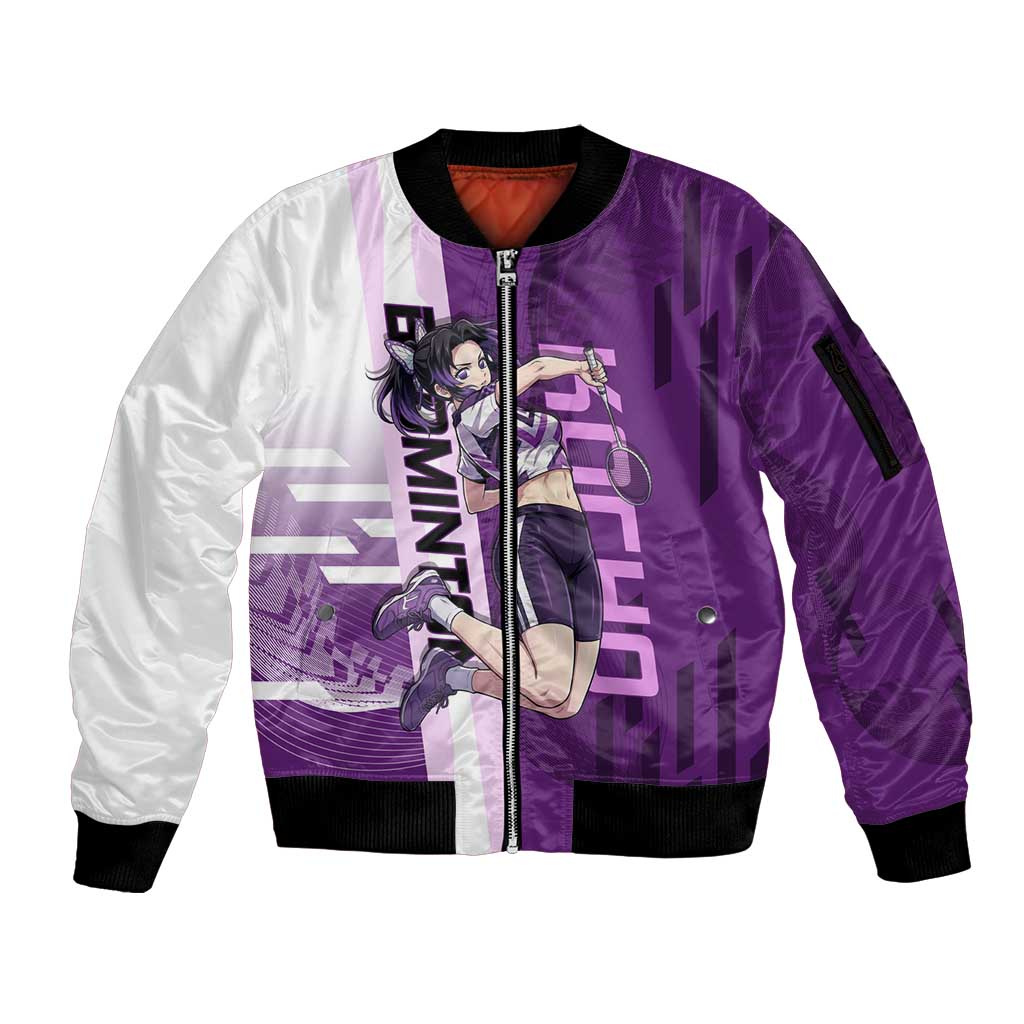 Personalized Shinobu Kocho Badminton Sleeve Zip Bomber Jacket with Jump Smash Pose - The Mazicc