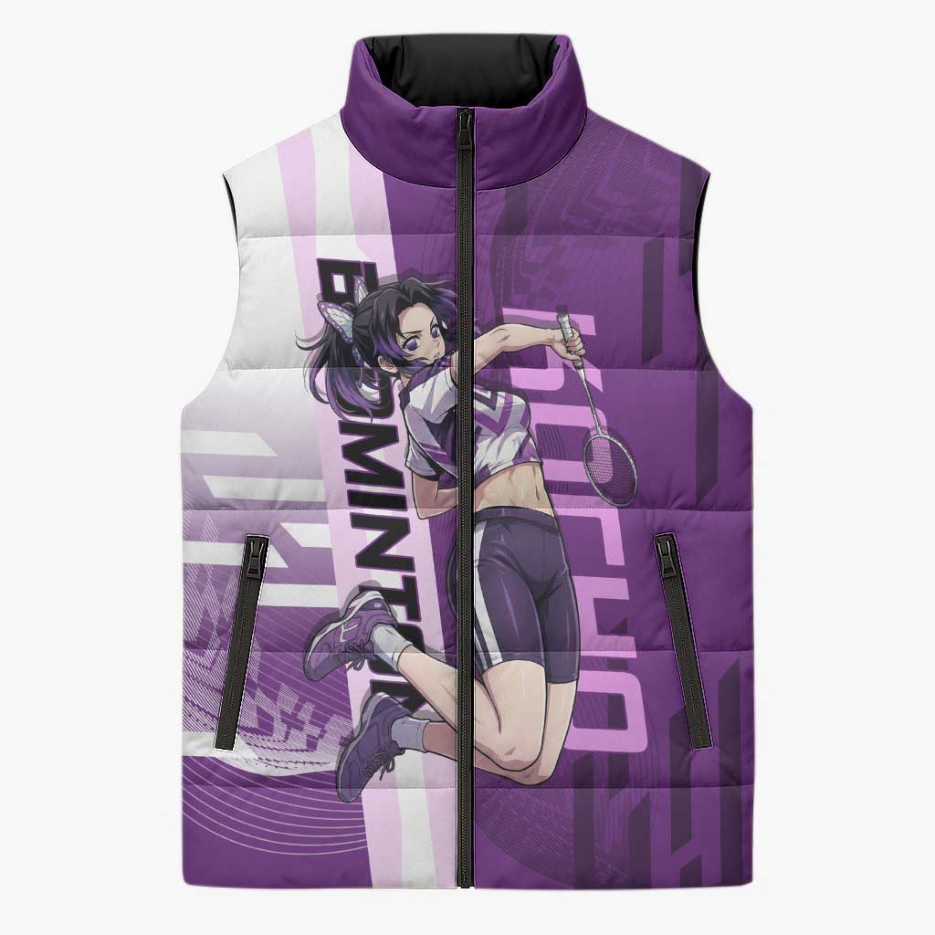 Personalized Shinobu Kocho Badminton Sleeveless Puffer Jacket with Jump Smash Pose - The Mazicc