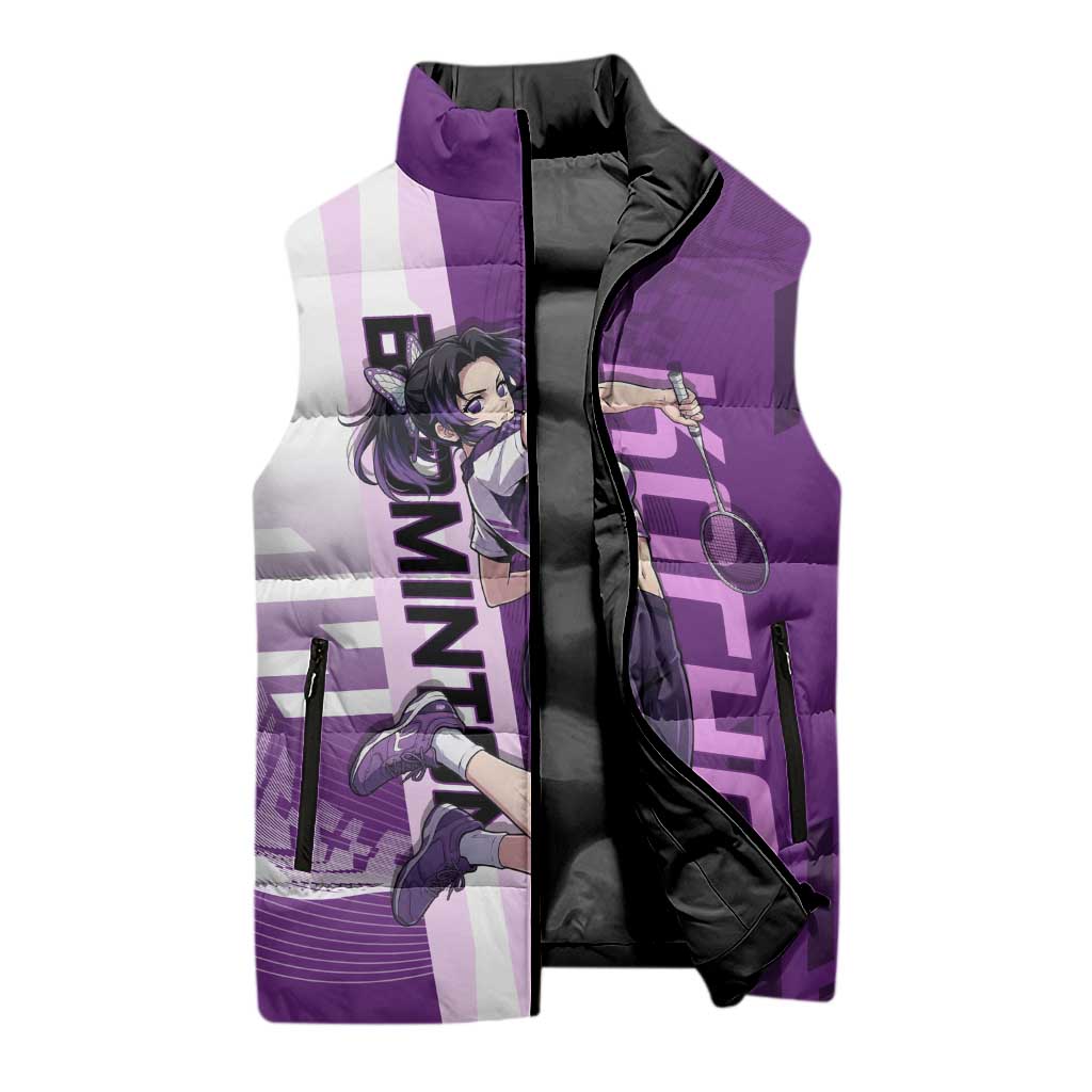 Personalized Shinobu Kocho Badminton Sleeveless Puffer Jacket with Jump Smash Pose - The Mazicc