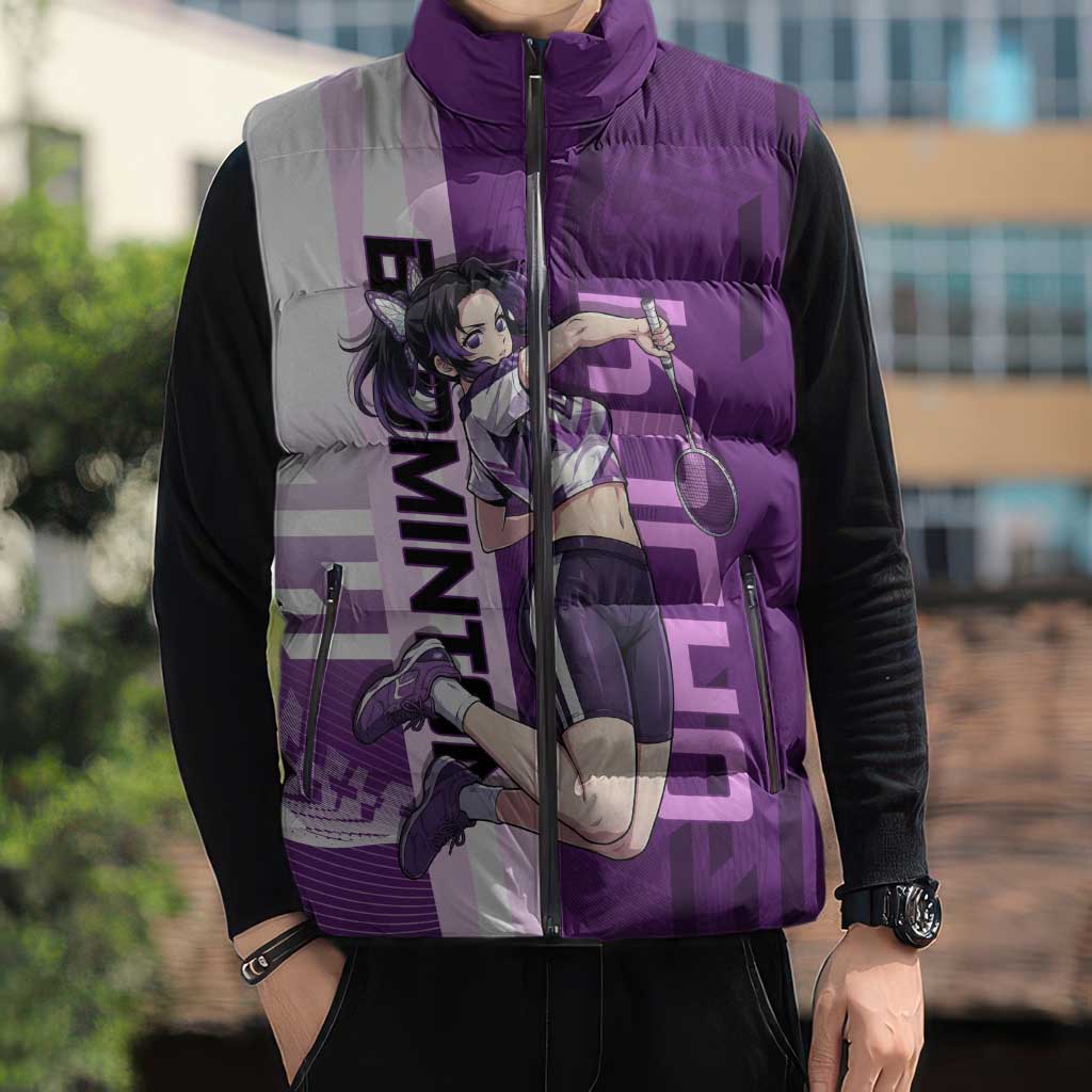 Personalized Shinobu Kocho Badminton Sleeveless Puffer Jacket with Jump Smash Pose - The Mazicc