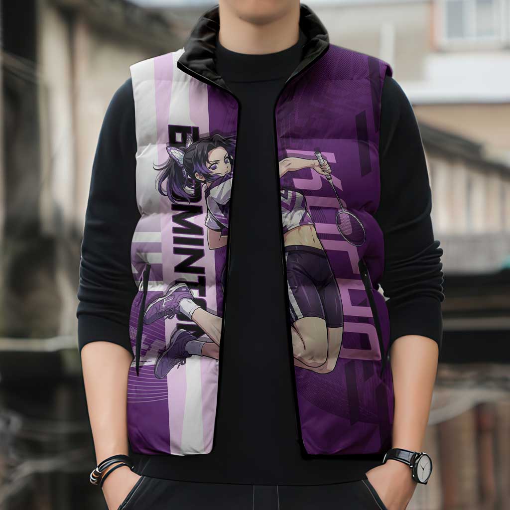 Personalized Shinobu Kocho Badminton Sleeveless Puffer Jacket with Jump Smash Pose - The Mazicc